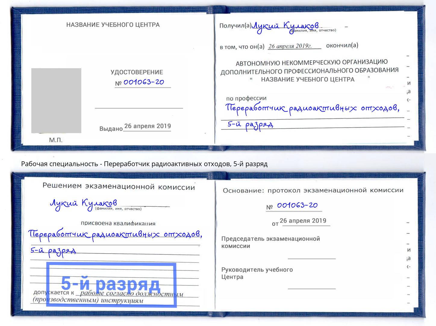 корочка 5-й разряд Переработчик радиоактивных отходов Беслан