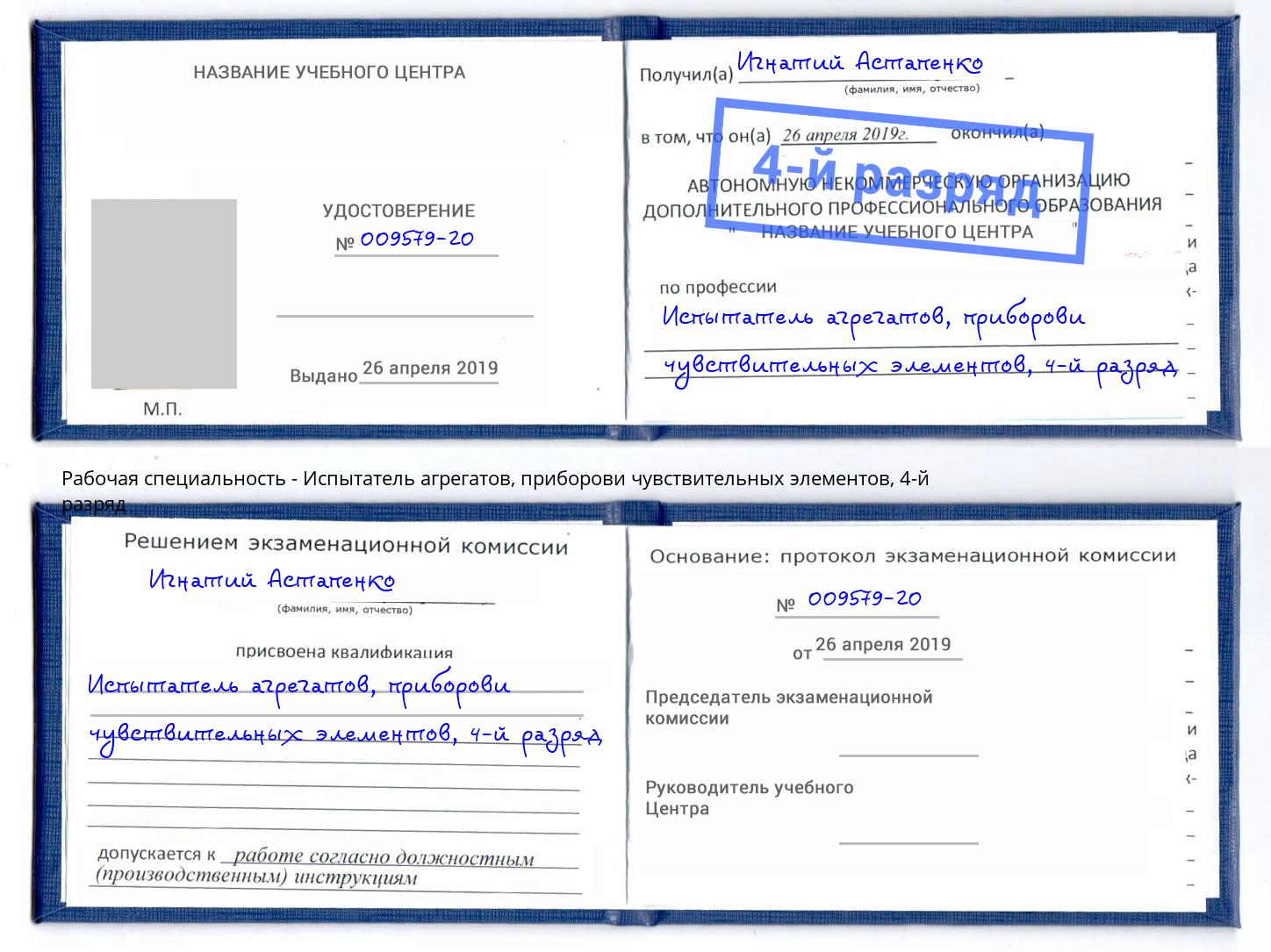 корочка 4-й разряд Испытатель агрегатов, приборови чувствительных элементов Беслан