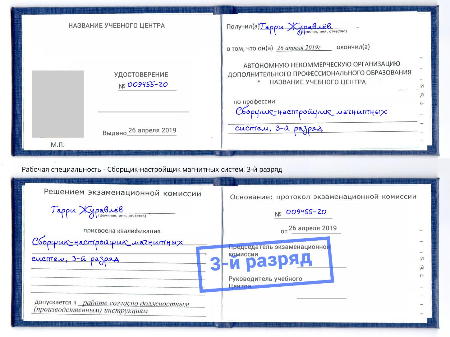 корочка 3-й разряд Сборщик-настройщик магнитных систем Беслан