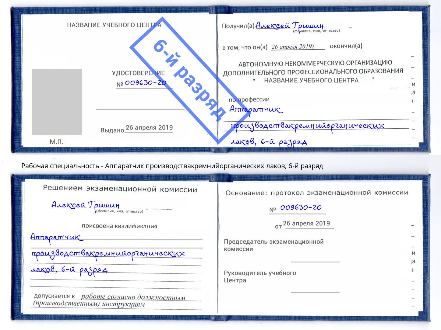 корочка 6-й разряд Аппаратчик производствакремнийорганических лаков Беслан