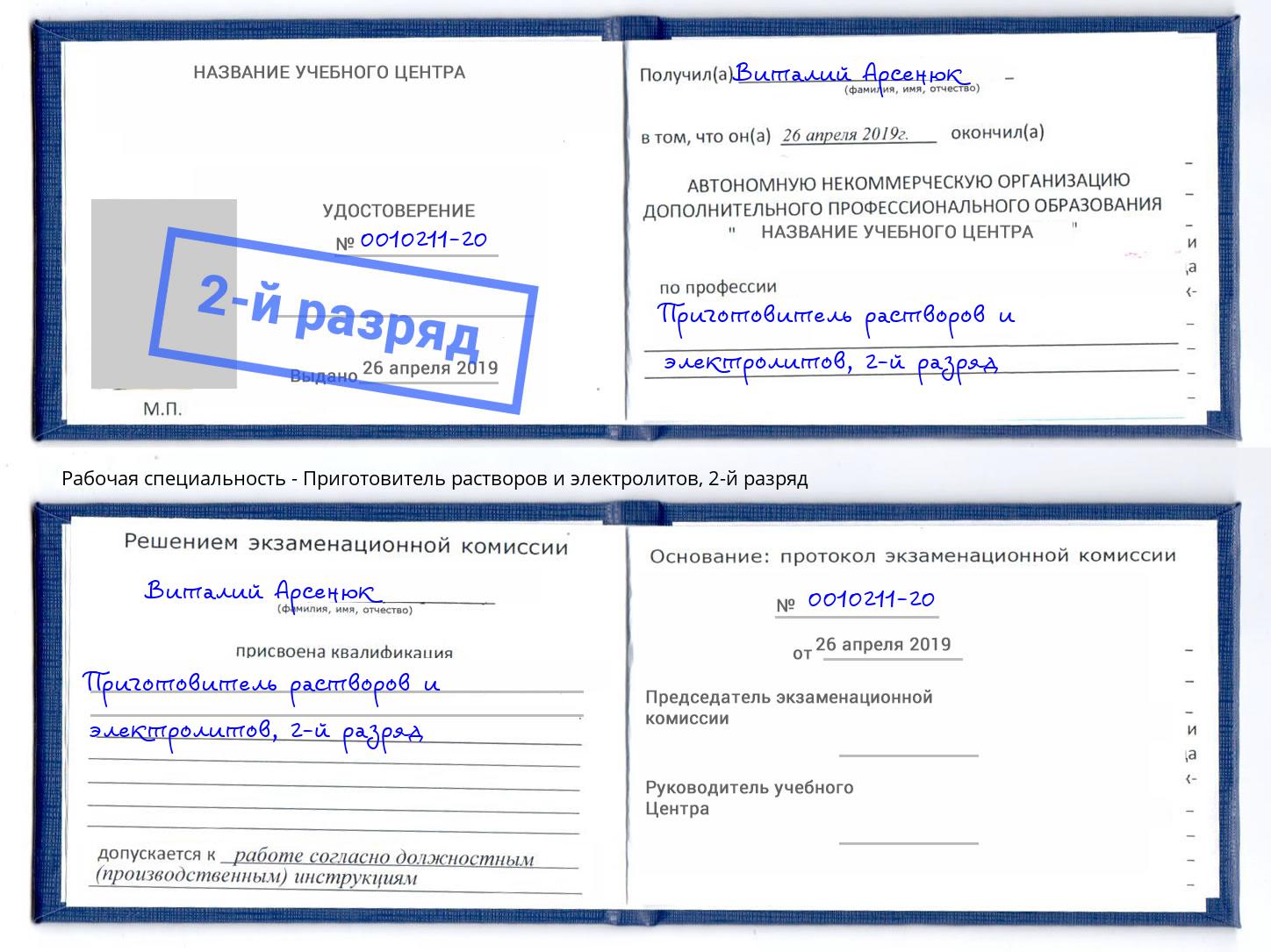 корочка 2-й разряд Приготовитель растворов и электролитов Беслан