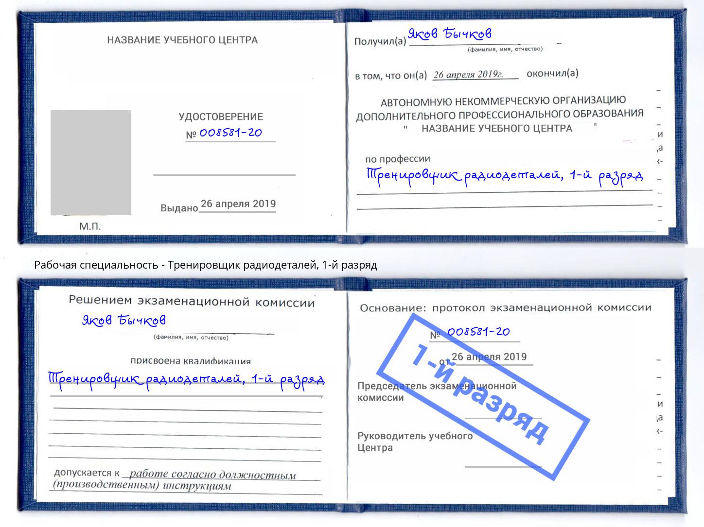 корочка 1-й разряд Тренировщик радиодеталей Беслан