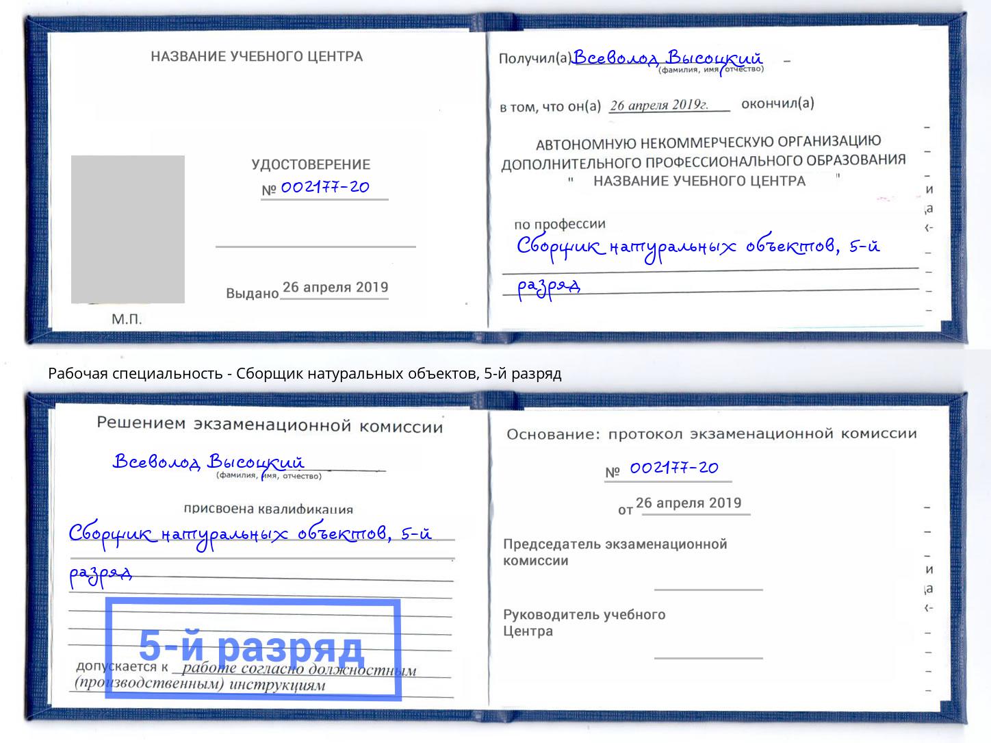 корочка 5-й разряд Сборщик натуральных объектов Беслан