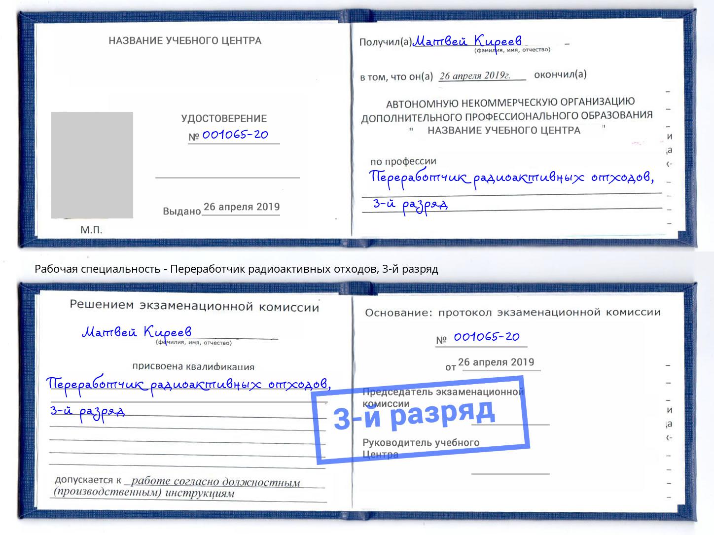 корочка 3-й разряд Переработчик радиоактивных отходов Беслан