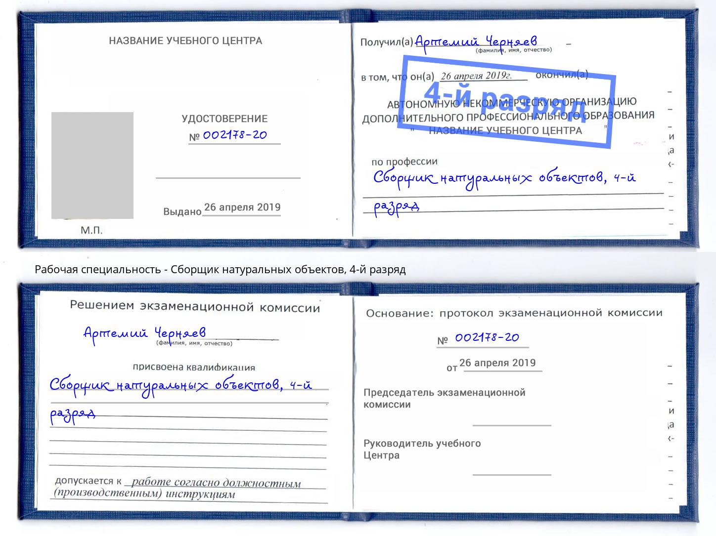 корочка 4-й разряд Сборщик натуральных объектов Беслан